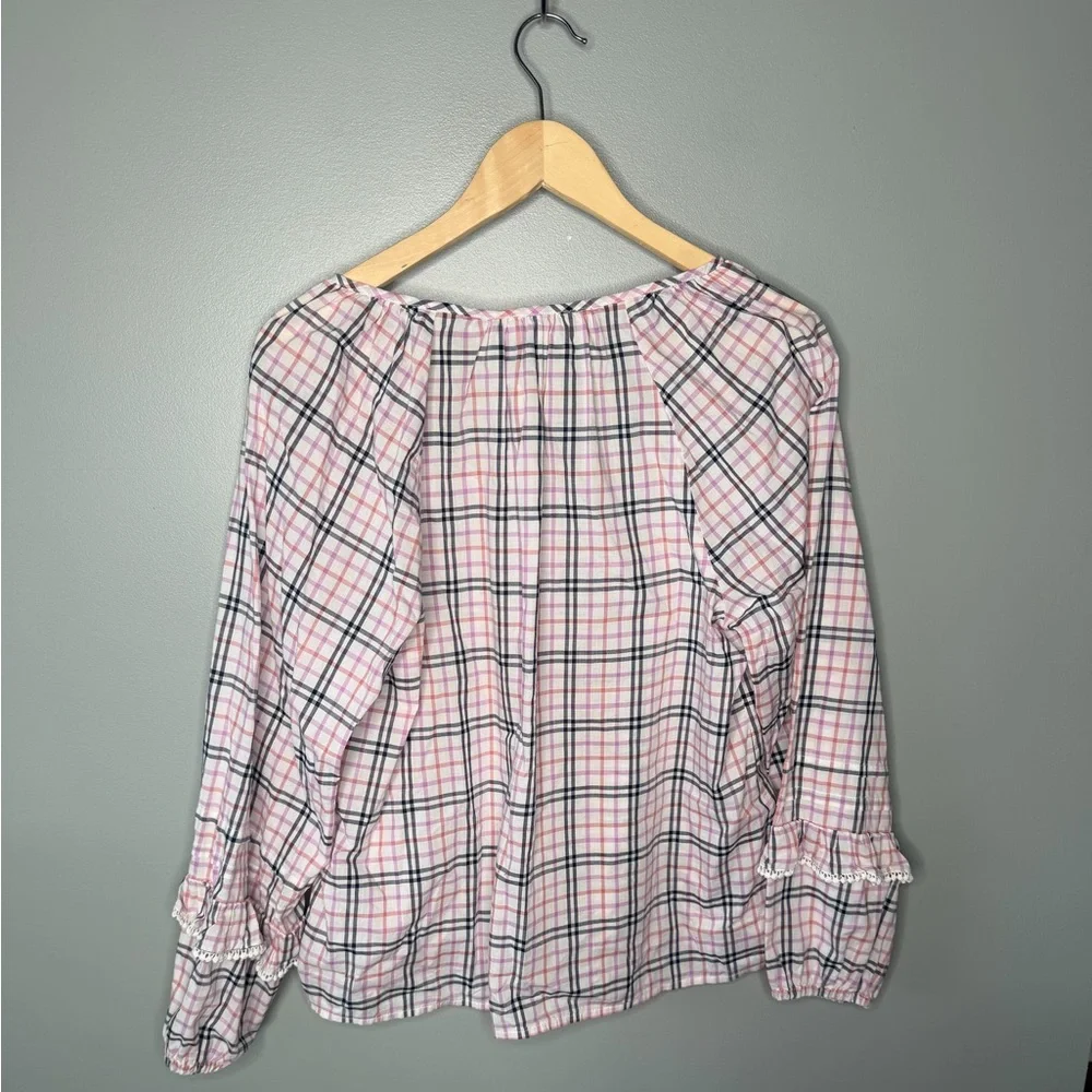 J. Crew Plaid Ruffle Trim Peasant Top